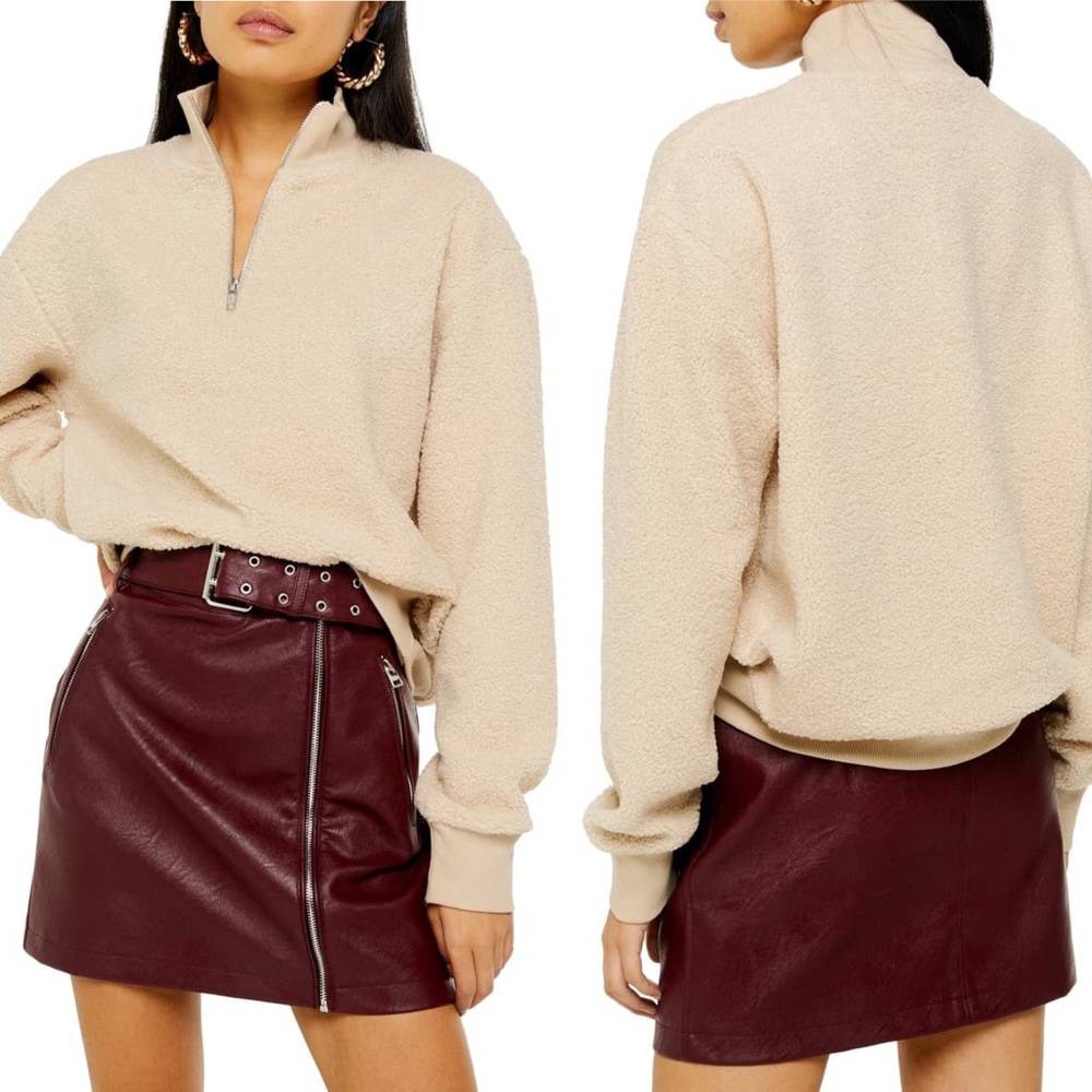 Topshop Half Zip Fuzzy Funnel Neck Sweatshirt Pullover